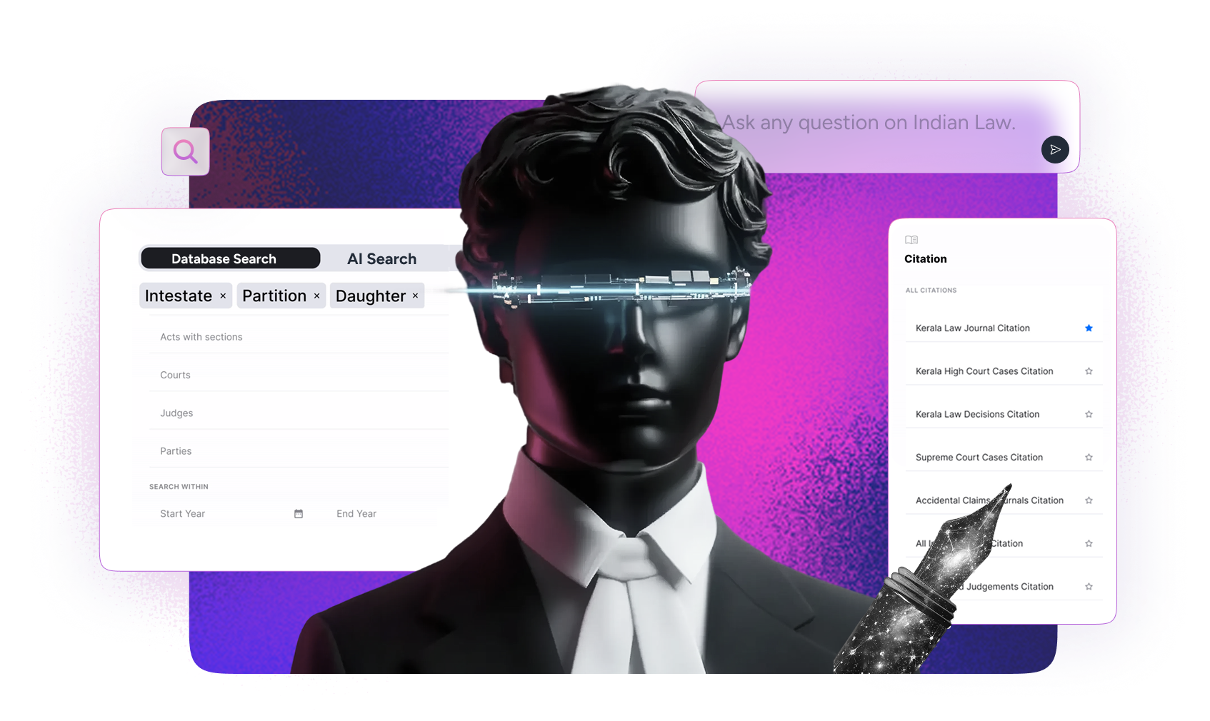 Whiteband AI legal research interface with database and AI search, question bar and citation panel